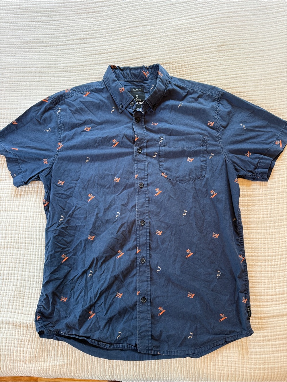 Prana Navy Short-Sleeve Button-Down with HammerHead Shark and Island Print